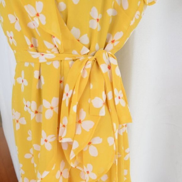 Bardot Yellow Abstract Daisy Yellow Wrap Short Sleeve Mini Dress Sz 8 - Picture 5 of 9